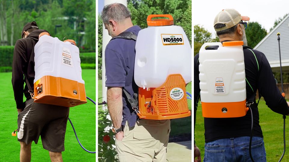 Three ma wearing different typse of PetraTools BAttery Powere Backpack sprayers