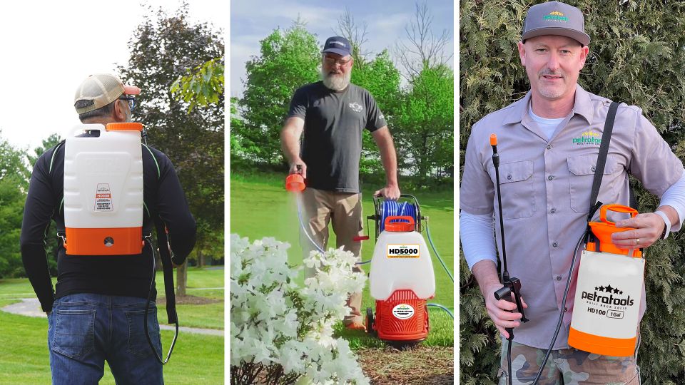 Tree men using different types of sprayers, one is using backpack sprayer, the other one is using cart sprayer and the other one is using a handheld pump sprayer