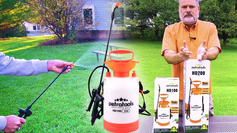 A man demosntrating how to use PetraTools Handheld sprayer